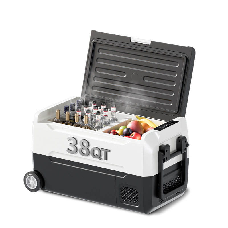 38QT Ultra-fast Cooling Car Refrigerator with Dual-compartment Independent Temperature Control & Display, Portable Rolling Ice Chest Freezer For Car And Home, DG/AG Power Cord Included,Black/Grey