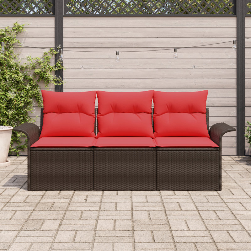  Ensemble de canapé de jardin 3 pièces avec coussins en rotin de polyester brun, Structure brune / coussin rouge