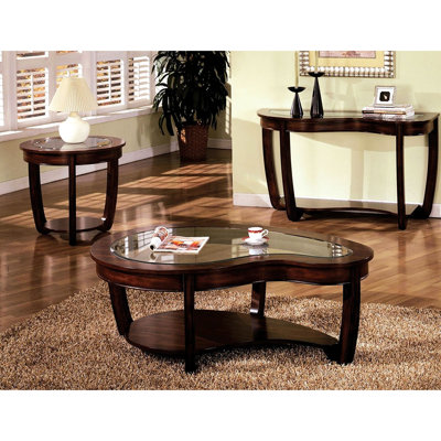 Table de bout en cerisier foncé d'aspect contemporain avec insert en verre trempé et forme ronde brune