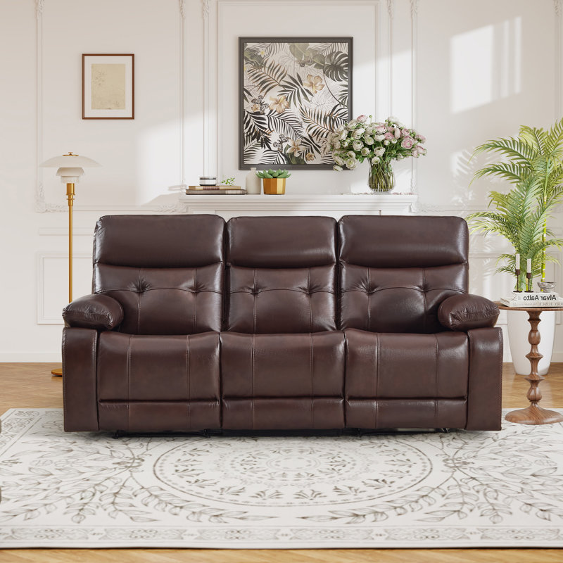 83.86" Wide Classic Plush Top Grain Leather Tufted Power Reclining Sofa - Dual Hidden Cup Holders & USB Charging Ports