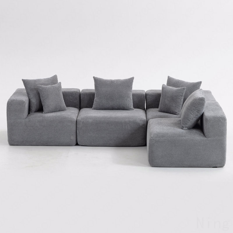 Modular L-Shaped Sectional Sofa, All-Foam Deep-Seat Couch In Plush Textured Chenille, Includes 5 Matching Pillows, Compressed Shipping, 111" W × 74" D × 23.6" H-Grey