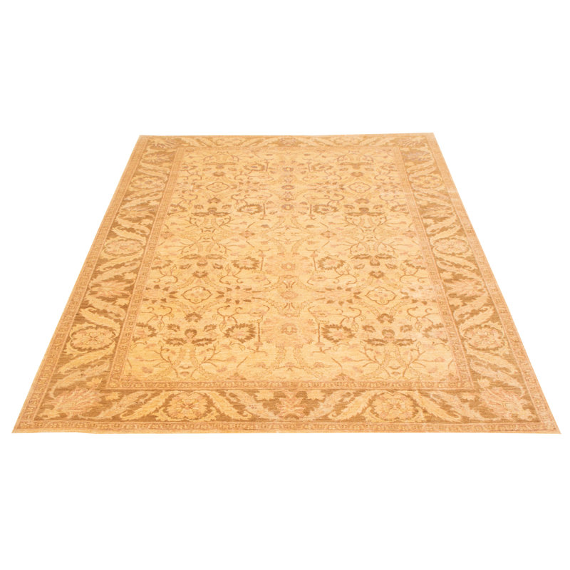 Tapis beige en laine noué à la main de conception unique 9 pi 1 po x 11 pi 8 po New Age