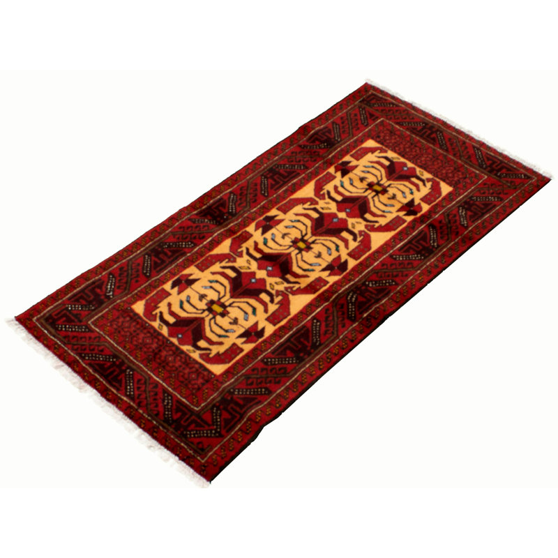 Tapis décoratif rouge/brun clair en laine de conception unique noué à la main des années 1980 3 pi 1 po x 6 pi 3 po Bordas