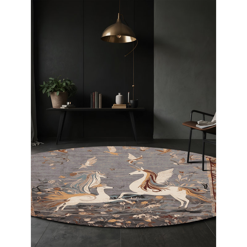Machine Washable Gray Area Rug, Round 4'