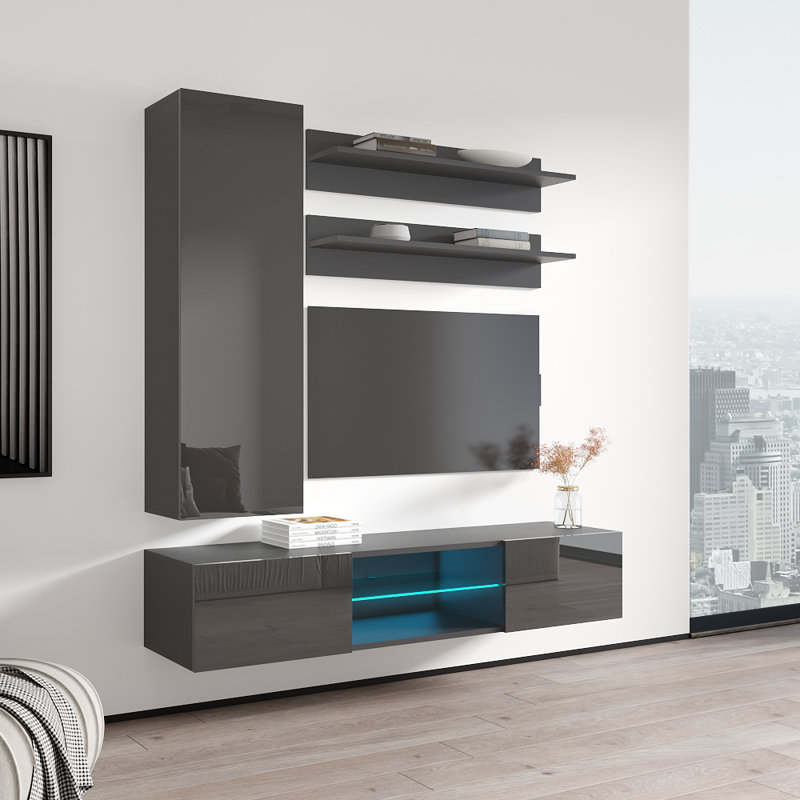 Leung 63" Modern Floating Wall Mounted Entertainment Center with 16-Color LED Lighting, High Gloss Finish, Gray