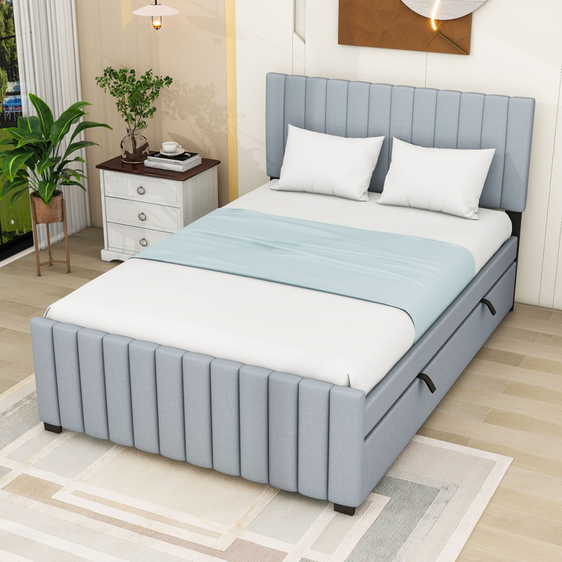 Full Upholstered Platform Bed with  Trundle, Gray
