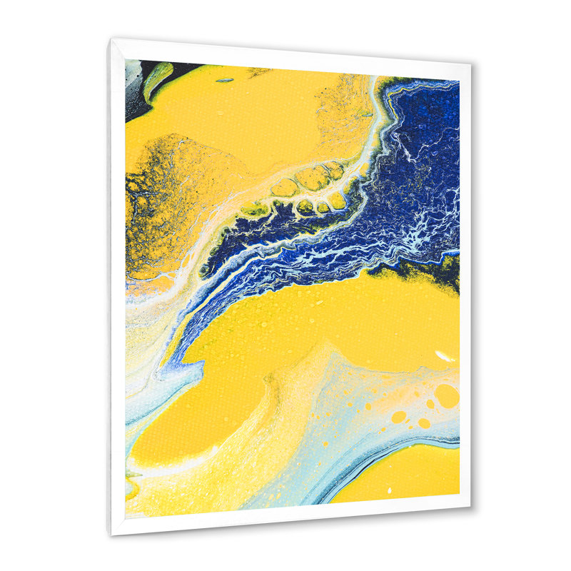 Composition abstraite en jaune et bleu VII - peinture sur toile, H 40 po x l 30 po x 1,5 po, Cadre blanc
