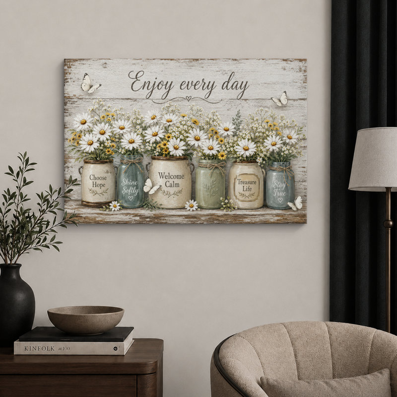 «Enjoy Every Day Daisy Mason Jar», œuvre d'art inspirante, images de salon, impression sur toile encadrée, Toile tendue