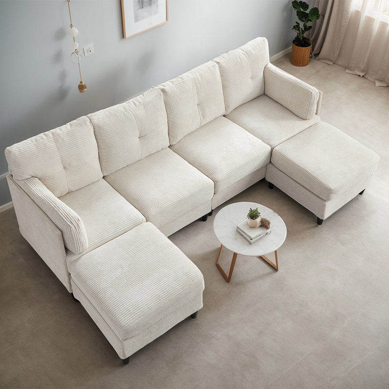 88.6" U-Shape Corduroy Sectional – 2 Movable Ottomans, Cloud-Like Comfort, Beige