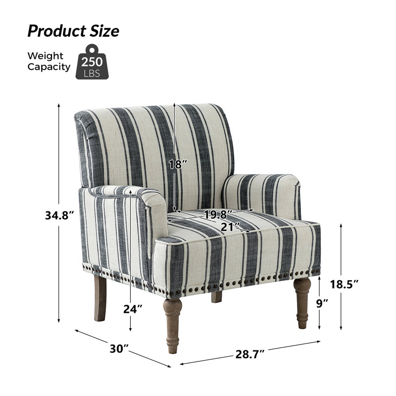 Fauteuil l 28,7 po Ariana avec pieds en bois massif et garniture cloutée, Rayures noires