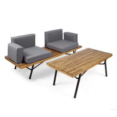 Outdoor Loveseat And Coffee Table Set, Acacia Wood, Iron, Gray
