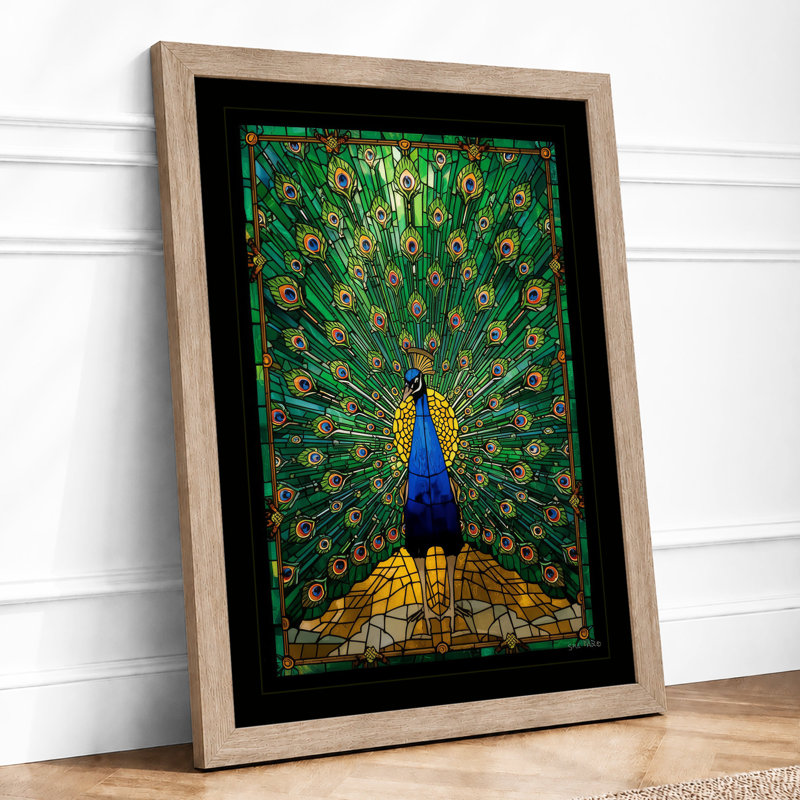 Peacock in Splendour Art Deco - Framed Print, A1 - 84.1 x 59.4 cm, Oak