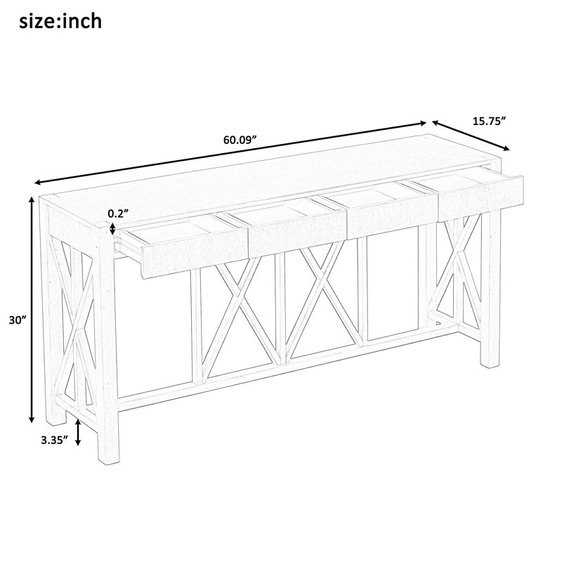 Console avec 4 tiroirs spacieux, table d'entrée Crisscross moderne avec rangement ouvert, Gris