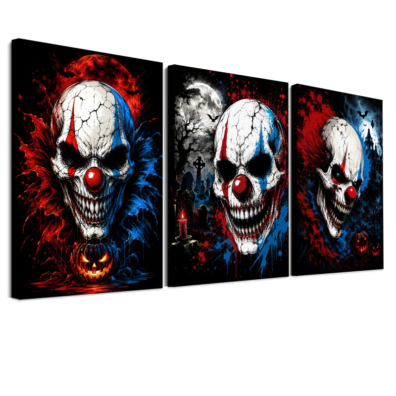 Crânes de clowns rouges et bleus menaçants pour l'Halloween - Ensemble de 3 toiles murales, H 30 po x l 20 po x 3 pièces