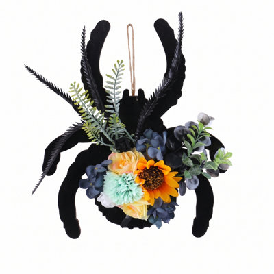 Décoration murale araignée d'Halloween de 30 cm (11,81 po), en bois noir, avec tournesol artificiel et fleurs variées, idéale pour décorer votre porte d'entrée lors d'une fête d'Halloween.
