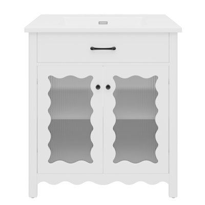 30 Inches Bathroom Vanity with Tempered Glass and Rubber Wood Legs
