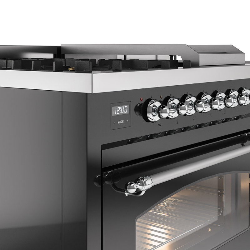 ILVE Nostalgie II 48 Dual Fuel Range, Glossy Black/Chrome, Natural Gas