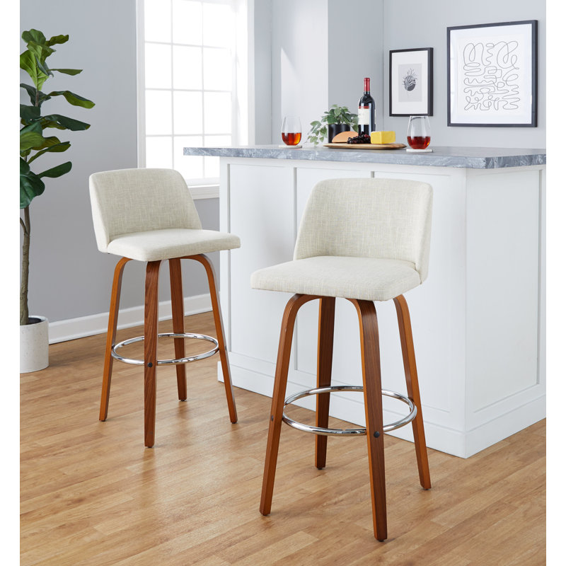 Tabourets de bar 30 po à hauteur fixe Thea avec pieds en bois cintré et repose-pieds rond Thea, Noyer / Chrome, Crème