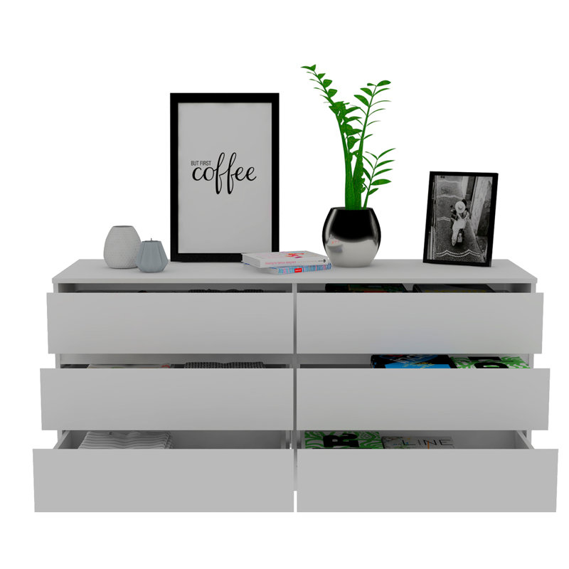 Commode double 6 tiroirs, plateau supérieur, blanc, Blanc