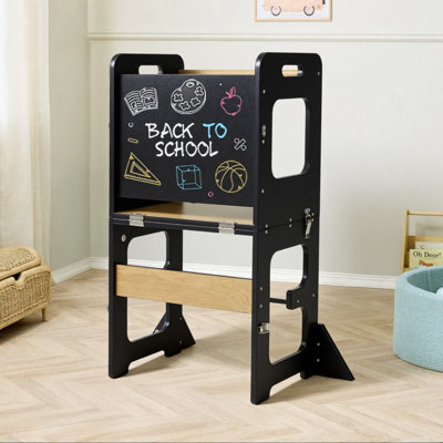 3 In 1 Toddler Kitchen Tower With Chalkboard, Convertible Table And Chair Set, Wooden Kids Step Stool Helper For Kitchen Counter And Learning