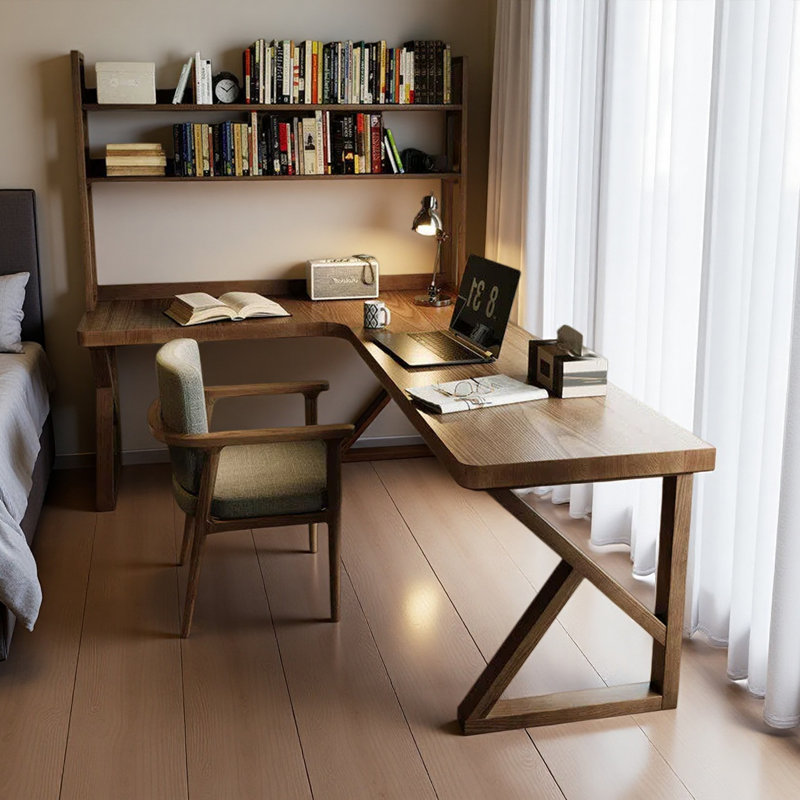Modern L-Shaped Solid Wood Desk with Bookshelf, 74.8" H x 62.99" W x 47.24" D