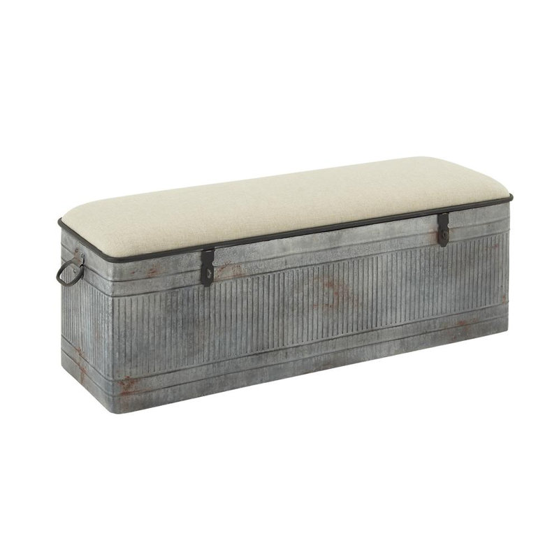 Banc de rangement Cole en métal galvanisé gris avec dessus en toile de jute crème et loquets noirs	