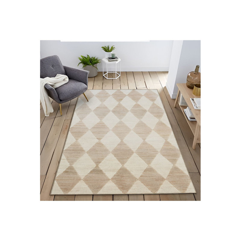 Tapis beige lavable à la machine à motif géométrique quadrilatéral beige, Rectangle 3 pi 3 po x 4 pi 11 po