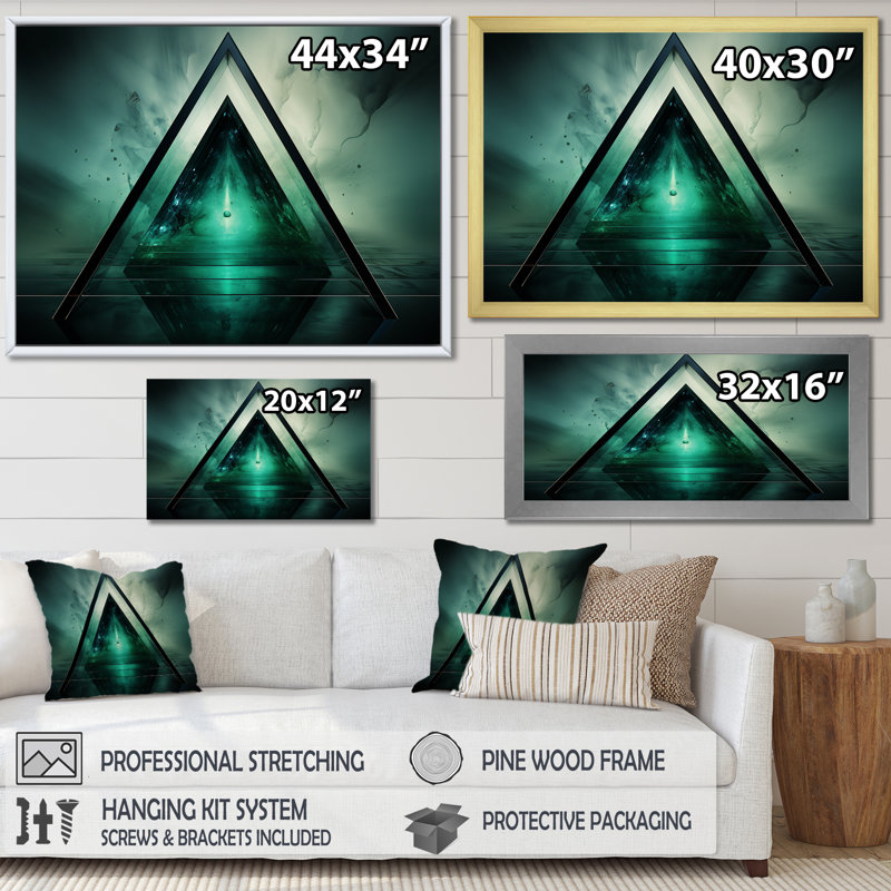 «Green Abstract Echoes Of Piramid I» - art mural géométrique, Toile tendue, H 40 po x l 60 po x P 1,5 po