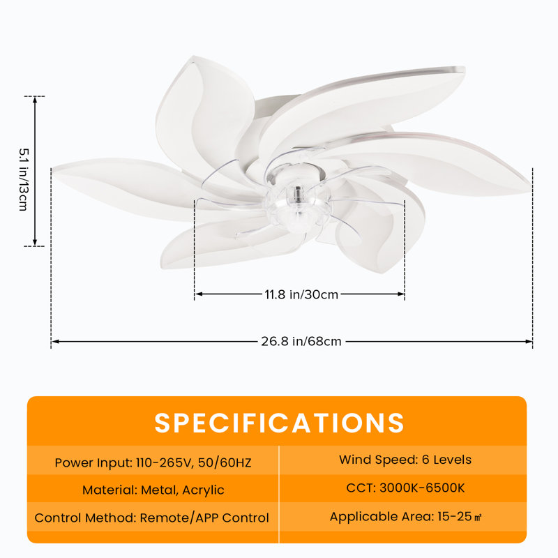 Flush Mount Modern Ceiling Fan with Dimmable LED Light Kit, RC, Reversible Blades, 6 Speeds - Windmill, White