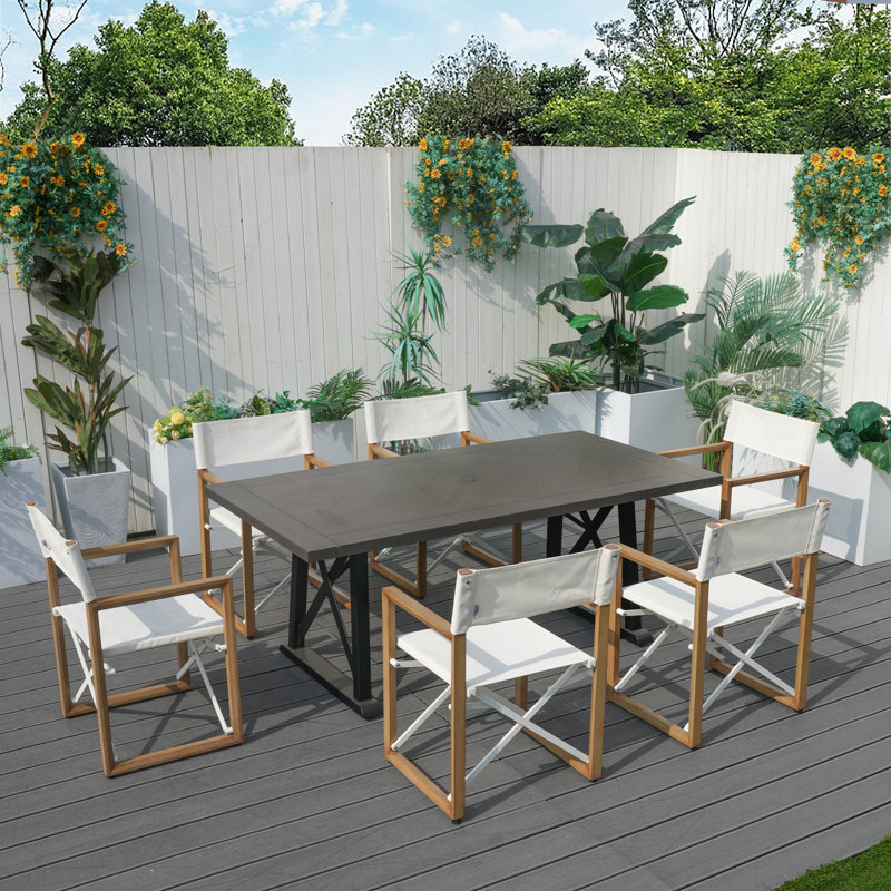 Ensemble repas pour 6 personnes avec chaises pliantes en aluminium et table rectangulaire en fer 