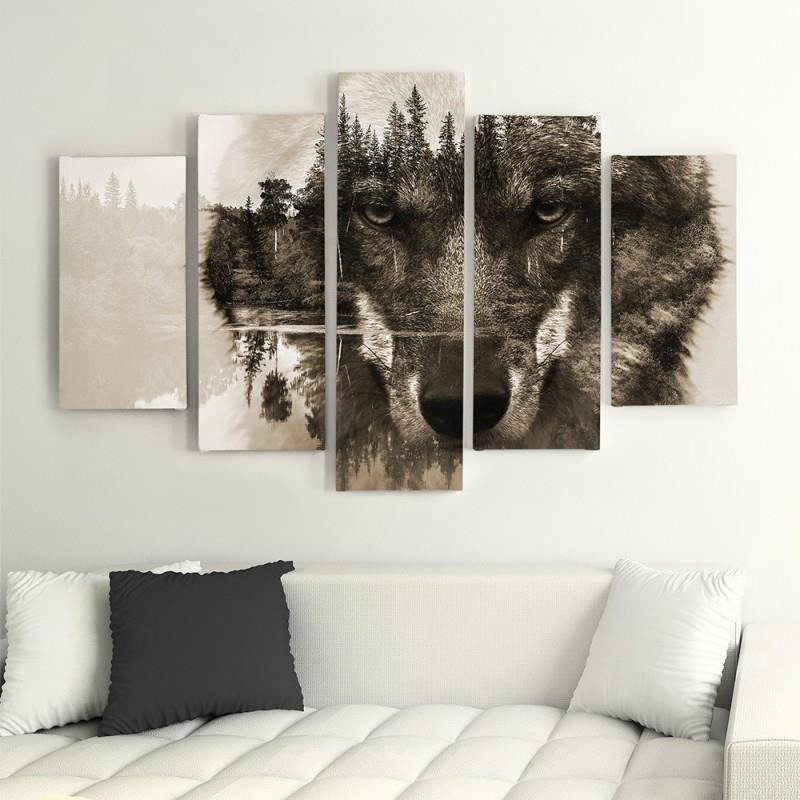 Leinwandbild 5-Teilig, Wolf Wald Tiere Natur