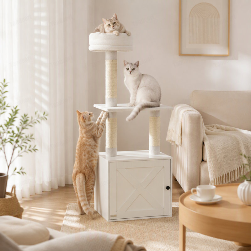 White  Cat Tree with Litter Box Enclosure