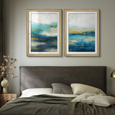 Teal Blue and Gold Layered Abstract Wall Decor for Living Room Bedroom or Office Framed Wall Art 26"x36" Set of 2