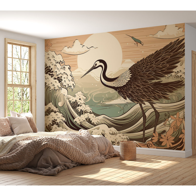 Murale pelez et collez de qualité supérieure - Illustration d'une grue au coucher du soleil, L 96 po x l 120 po