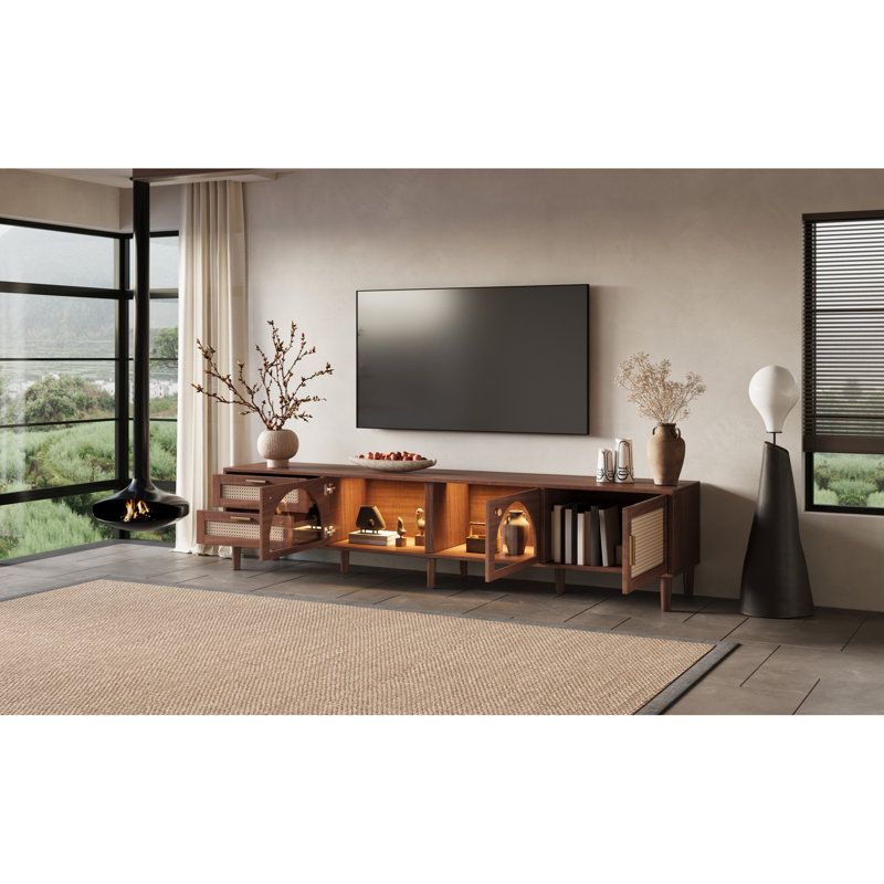 Meuble télé moderne de 86 po avec rangement en bois massif à DEL pour le salon