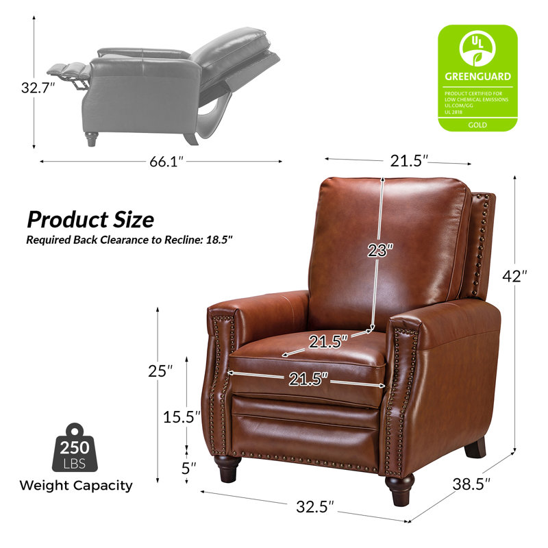 Fauteuil inclinable en cuir véritable l 32 po Andrena, Cuir fleur supérieur brun