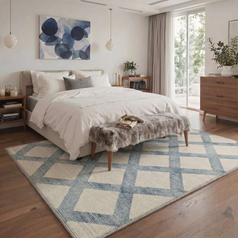 Tapis géométrique beige / bleu Lattice lavable à la machine avec envers antidérapant, Rectangle 144 " x 108 "