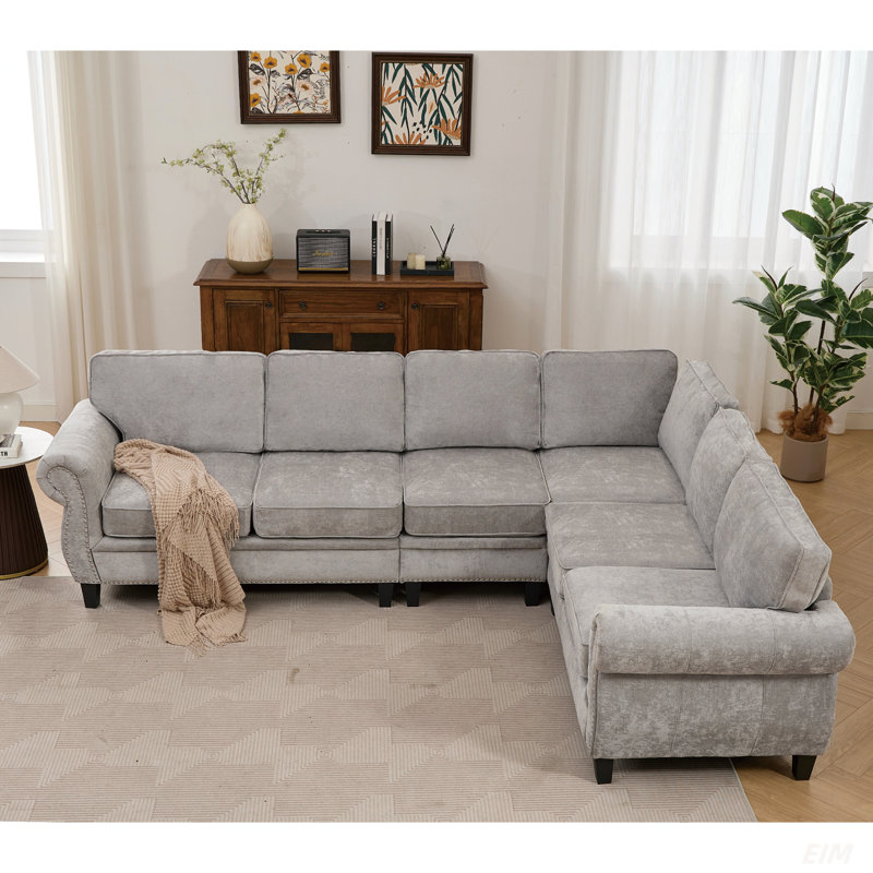 109.5" Modular Sectional Sofa , Rivets Decorated & Rolled Armrest,L Shaped Couch For Living Room, Corner Couch, Chenille,6 Seater,7 Back Cushion (Sectional)