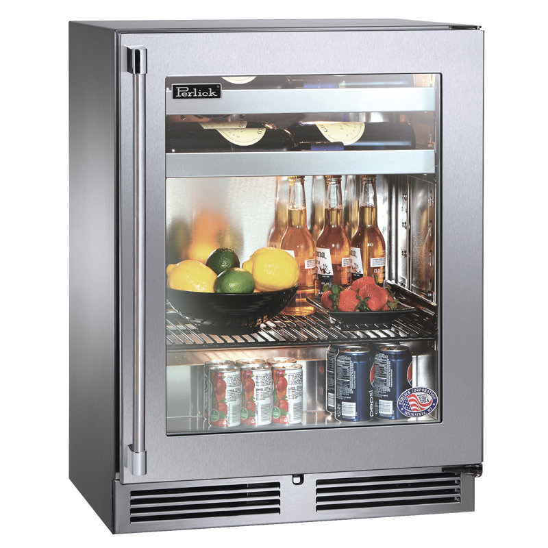 Perlick 23.88'' W Built-In 41 Cans (12 oz.) 5.2 Cubic Feet Beverage Cooler with Wine Storage and Glass Door, Right, With