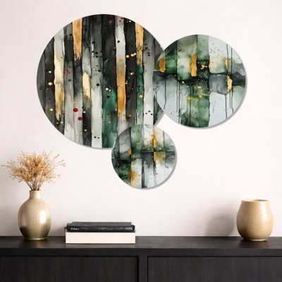 Gold Green Ethereal Optical Currents I – Modern Printed Metal Wall Art Set of 3