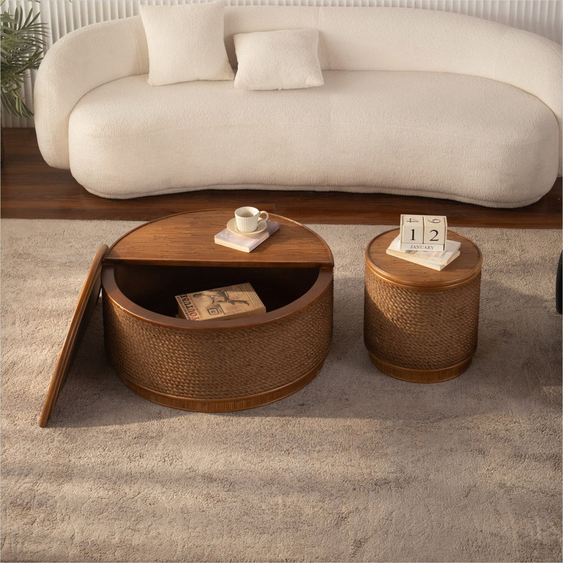 Table basse ronde de 31,5 pouces avec rangement caché, rotin tissé à la main Boho, bois naturel et accents de corde