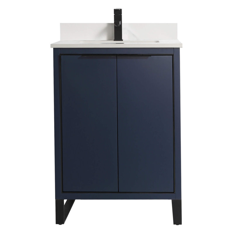 Meuble-lavabo simple autoportant de 24 po avec plateau en pierre Minday, Noir mat, Bleu marine