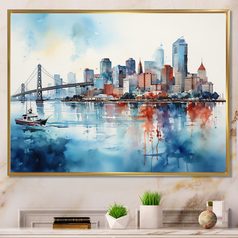 Golden Gate San Francisco Cityview, impression sur toile, H 30 po x l 40 po x P 1,5 po, Cadre flottant doré