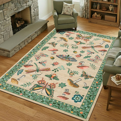 Tapis lavable pour le salon, tapis décoratif à motif floral d'insecte doux antidérapant, tapis d'intérieur pliable résistant aux taches pour la salle à manger, le bureau, la salle de jeux, la chambre de bébé