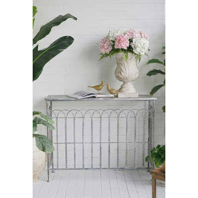 Console 40 po x 14 po x 31 po en fer forgé rustique, finition argent patinée, table d'appoint
