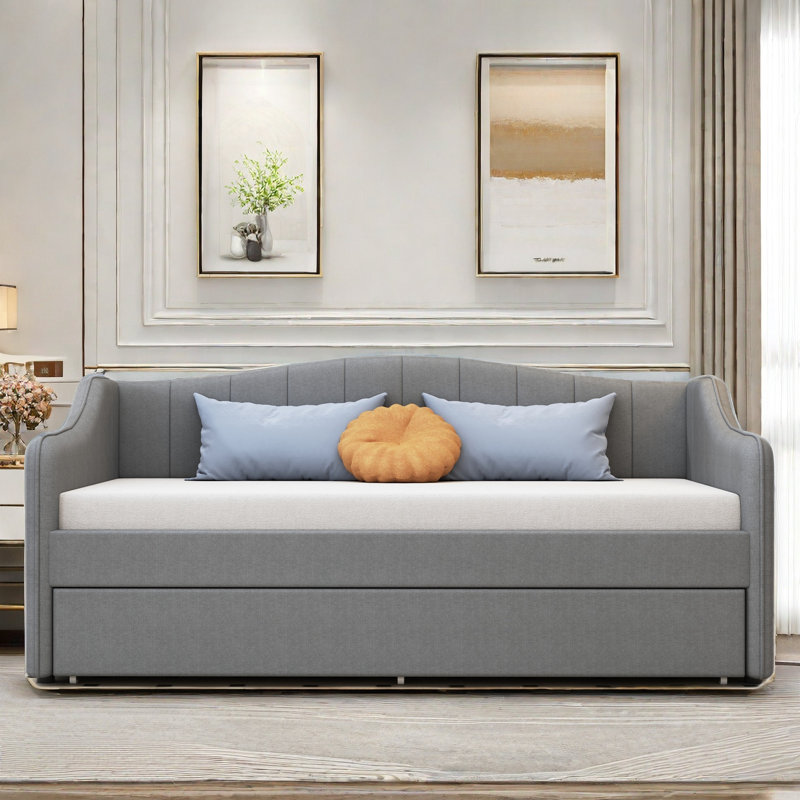Modern Upholstered Daybed with LED Belt and Trundle Taniece, Gray