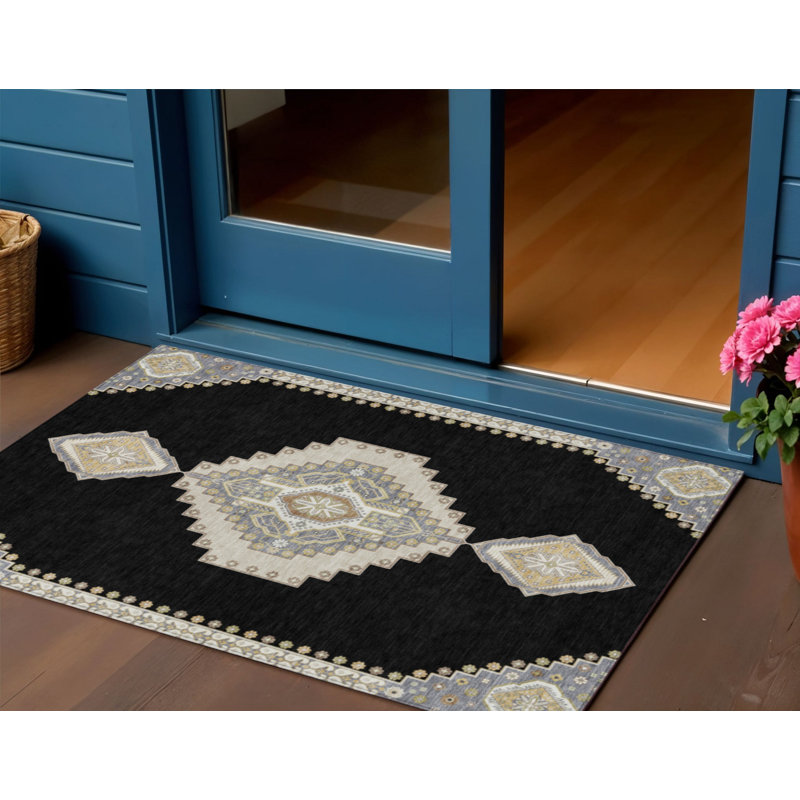 3' X 5' Black Gold And Gray Oriental Washable Indoor Outdoor Area Rug