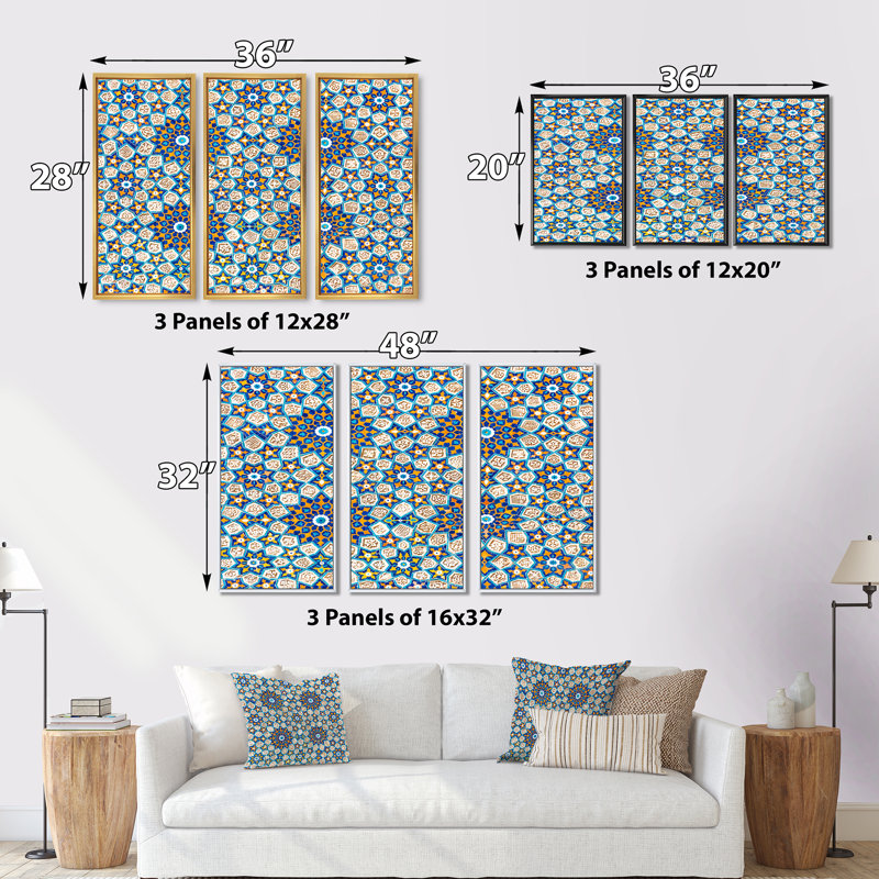 Motif géométrique bleu et bleu, ensemble d'art mural moderne sur toile encadrée, Cadre noir, H 28 po x l 36 po x P 1 po