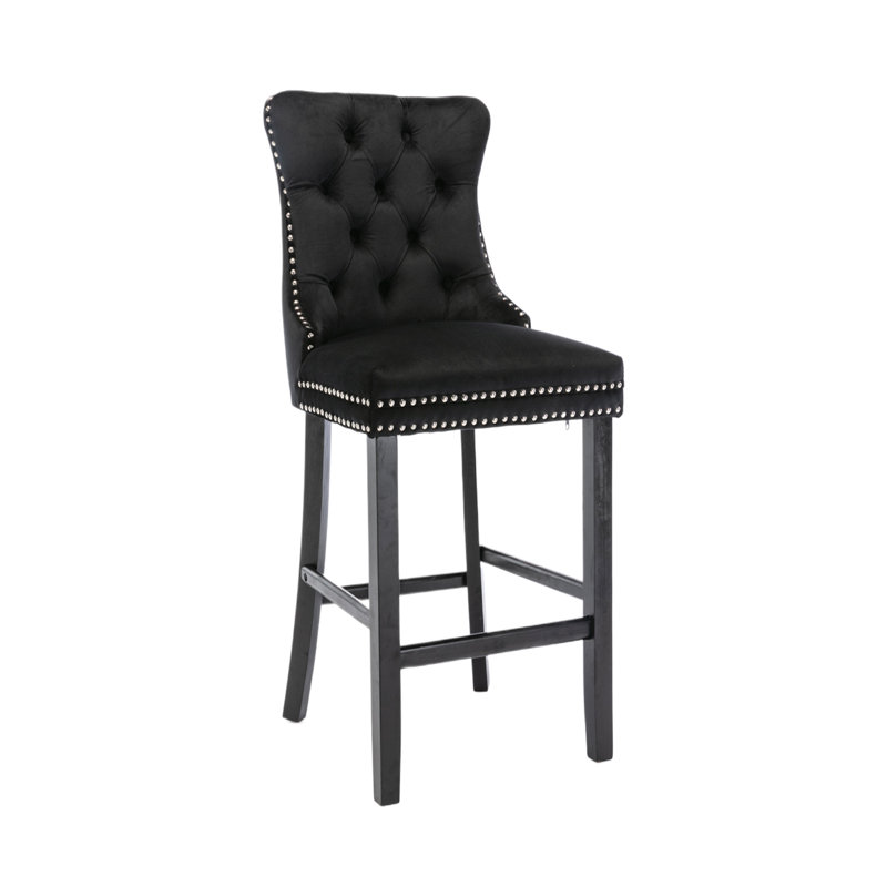Black Velvet Upholstered Bar Stools with Wood Legs, Set of 4