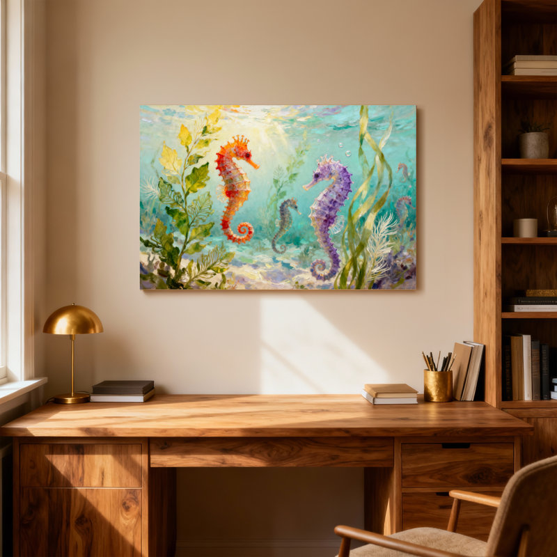 Animals Colourful Seahorses Swimming Among Seaweed, 12" H x 18" W